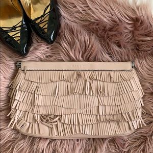 MILLY Nikki Dusty Pink Leather Fringe Clutch Purse